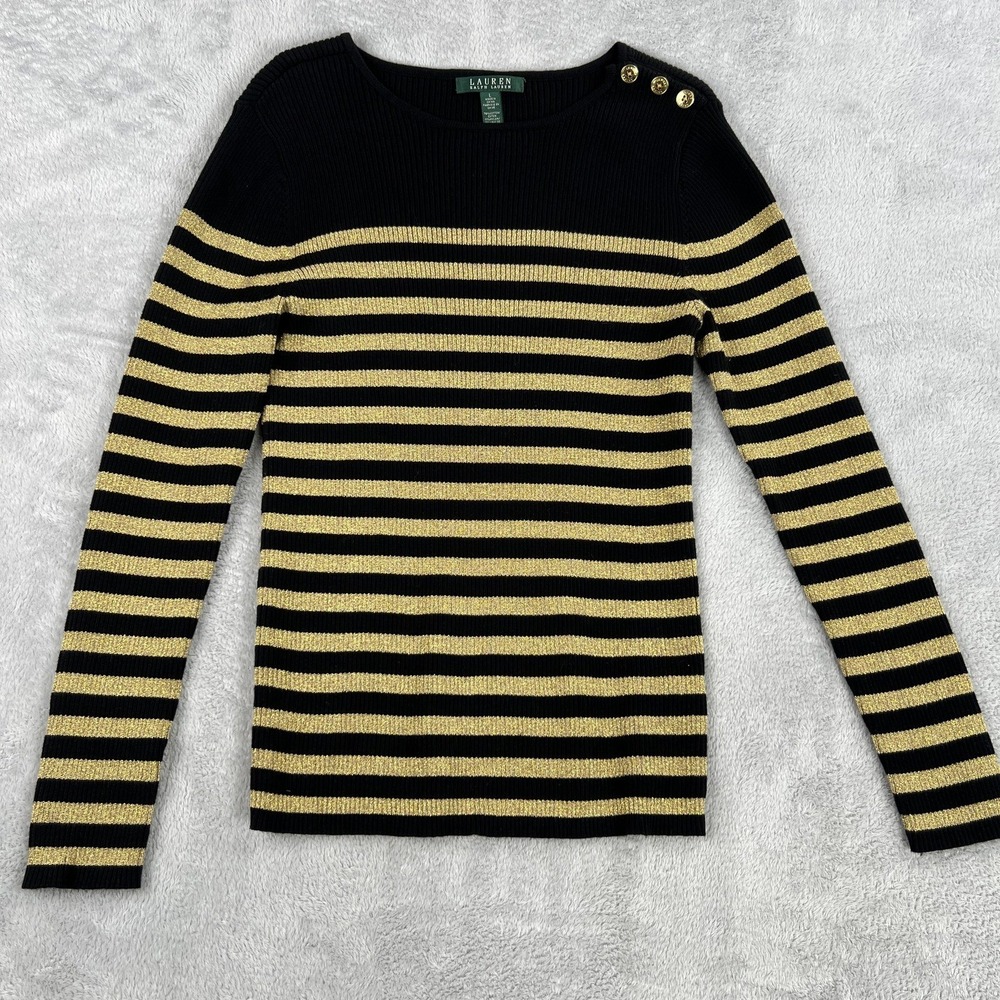 Lauren Ralph Lauren Metallic Striped Sweater L Black Gold Button Shoulder Women